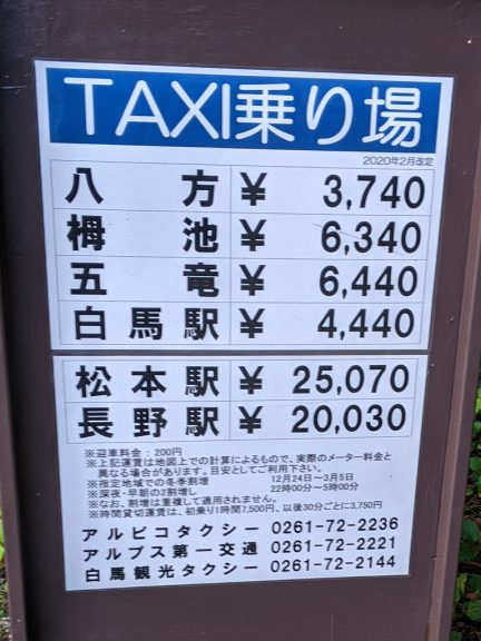 猿倉タクシー乗り場(運賃)