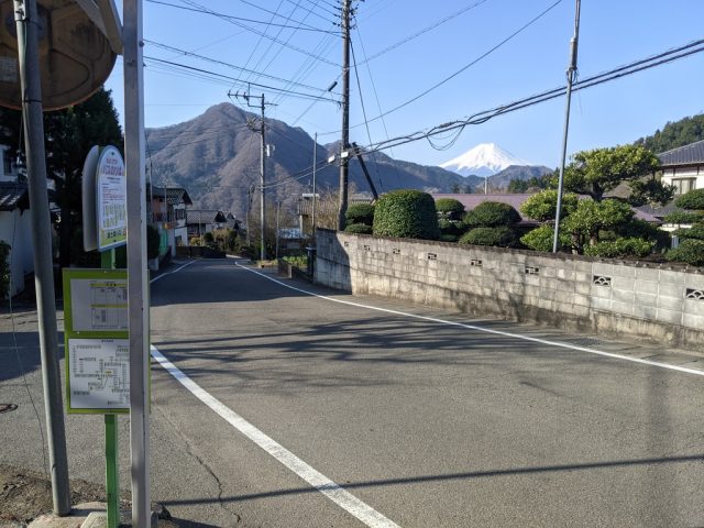 上真木バス停と富士山