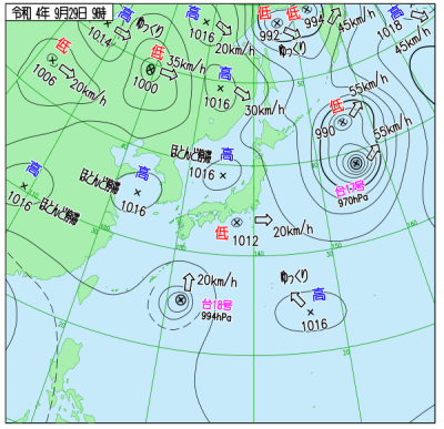 9月29日9時の天気図(<a target="_blank" rel="noopener" href="https://www.data.jma.go.jp/fcd/yoho/wxchart/quickmonthly.html">気象庁より</a>)