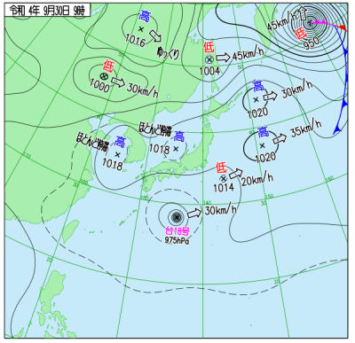 9月30日9時の天気図(<a target="_blank" rel="noopener" href="https://www.data.jma.go.jp/fcd/yoho/wxchart/quickmonthly.html">気象庁より</a>)