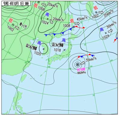 10月1日9時の天気図(<a target="_blank" rel="noopener" href="https://www.data.jma.go.jp/fcd/yoho/wxchart/quickmonthly.html">気象庁より</a>)