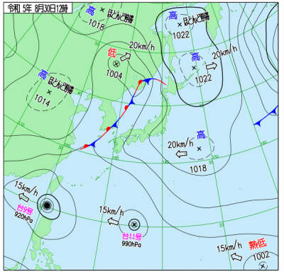 8月30日12時の天気図(<a target="_blank" rel="noopener" href="https://www.data.jma.go.jp/fcd/yoho/wxchart/quickmonthly.html">気象庁より</a>)