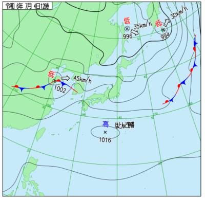 07月04日12時の天気図(<a target="_blank" rel="noopener" href="https://www.data.jma.go.jp/fcd/yoho/wxchart/quickmonthly.html">気象庁より</a>)