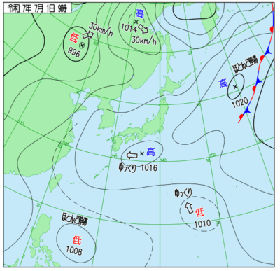 07月01日09時の天気図(<a target="_blank" rel="noopener" href="https://www.data.jma.go.jp/fcd/yoho/wxchart/quickmonthly.html">気象庁より</a>)
